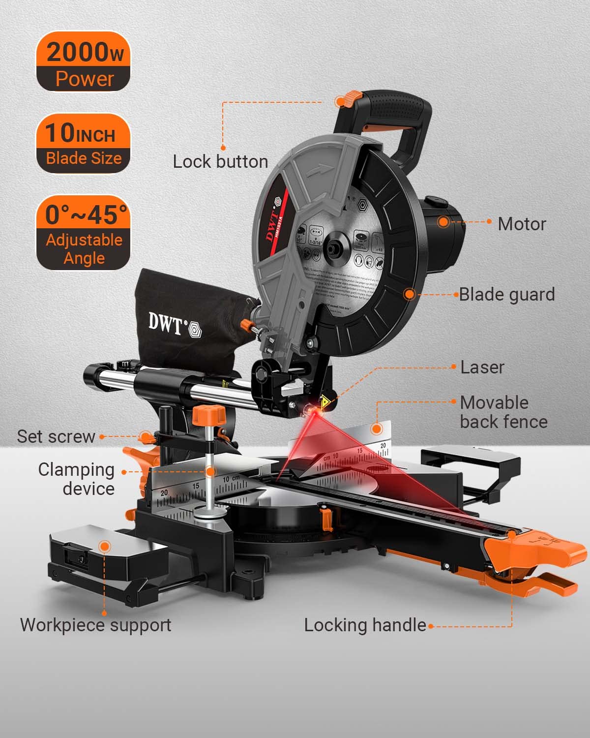 DWT Sliding Compound Miter Saw with 3 Blades, 15A 10", Double Speed (4500 RPM & 3200 RPM), Bevel Cut (0°-45°) with Laser, Extension Table, Iron Blade DWT