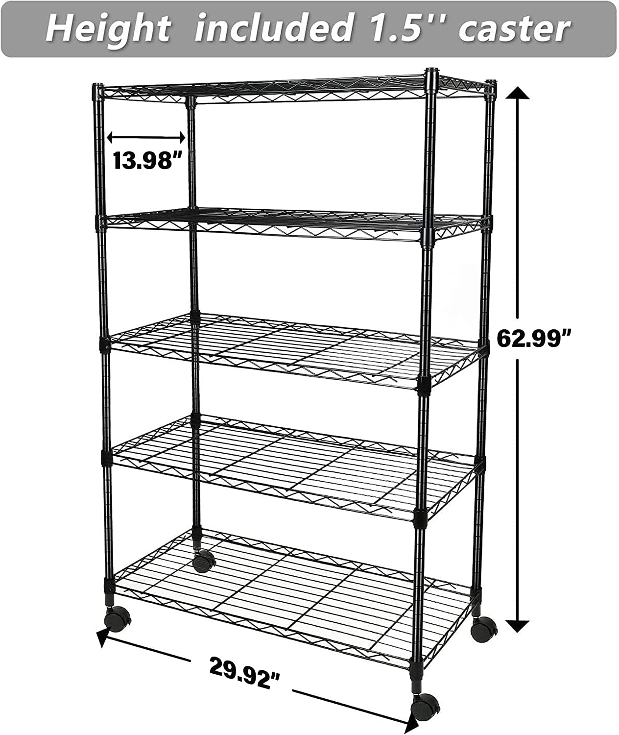 Simple Deluxe Heavy Duty 5-Shelf Shelving Unit 1250Lb Capacity, 29.92" D x 13.98" W x 62.99" H, 5 Tier, Black - WoodArtSupply