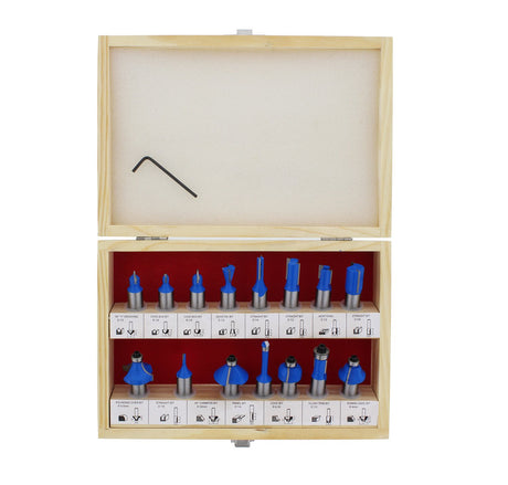 ABN 1/2in Shank Tungsten Carbide Router Bits for Woodworking - Wood Router Bit Set 15p Straight, Dovetail, Chamfer, Ogee ABN