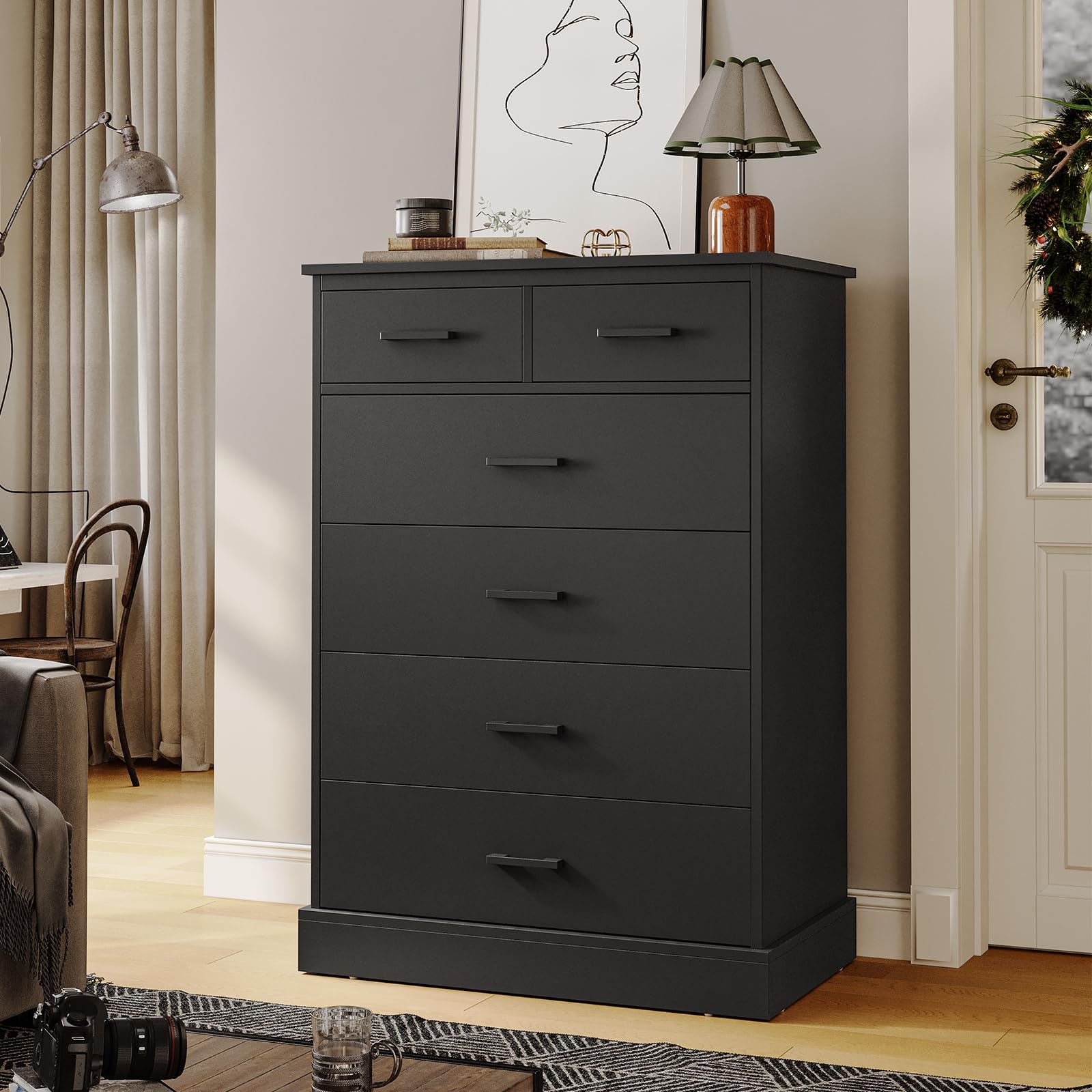 Hasuit Black Dresser for Bedroom, 6 Drawers Dresser Wood Storage Tower Clothes Organizer, Chest of 6 Drawers, Large Capacity Storage Cabinet, Tall - WoodArtSupply