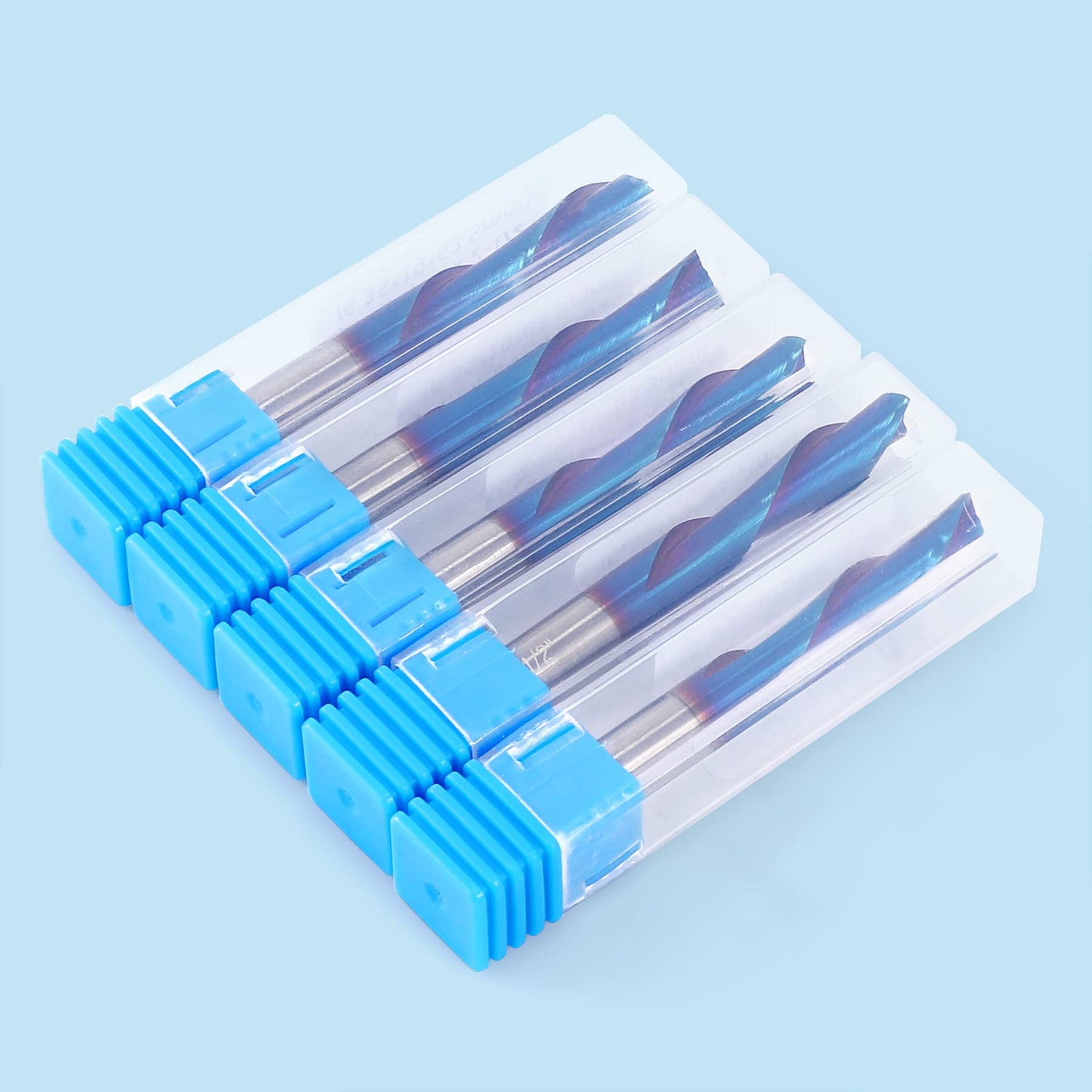 HQMaster 5 Pcs Spiral CNC Router Bits Set Down Cut 1/4” Shank Solid Carbide Spiral Downcut CNC Bits with Nano Blue Coating End Mill for Wood Cut HQMaster