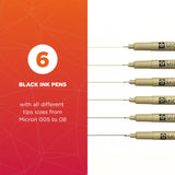 SAKURA Pigma Micron Fineliner Pens - Archival Black Ink Pens - Pens for Writing, Drawing, or Journaling - Assorted Point Sizes - 6 Pack SAKURA