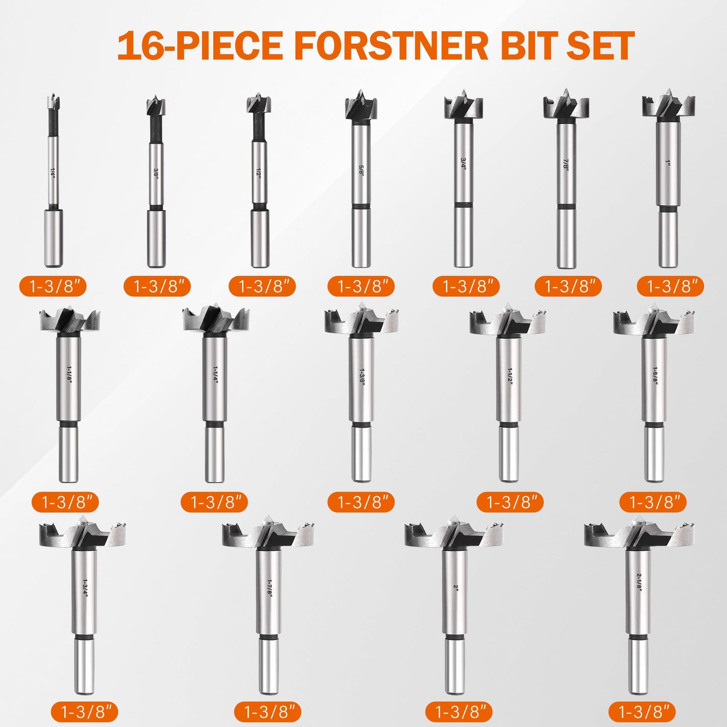 KENDO 16 Piece Forstner Bit Set, Made of Alloy Steel, Forstner Bits for Woodworking, Auger Opener Round Shank Drilling Cutting Tool for Hardwood, - WoodArtSupply