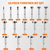 KENDO 16 Piece Forstner Bit Set, Made of Alloy Steel, Forstner Bits for Woodworking, Auger Opener Round Shank Drilling Cutting Tool for Hardwood, Kendo