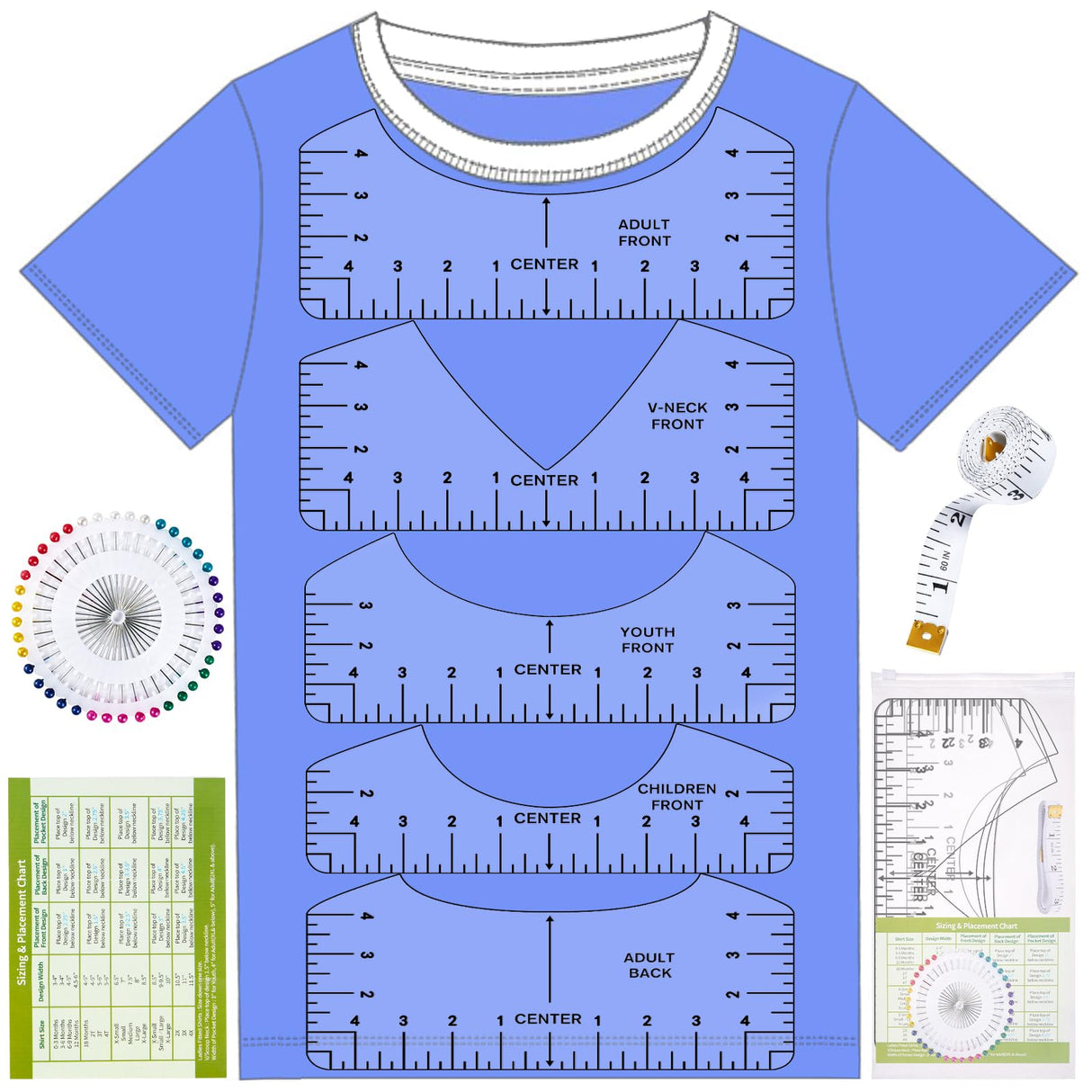 Tshirt Ruler Guide for Vinyl Alignment, T Shirt Rulers to Center Designs, PVC Measurement Template, Craft Sewing Supplies Accessories Tools for tietoc