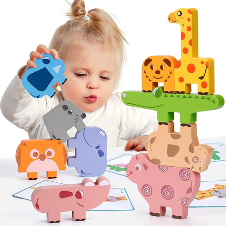Montessori Toys for 2 3 4 Year Old, 10pcs Wooden Animal Blocks Sorting & Stacking Toys for 2-4 Year Old Toddlers Girl Boy Gifts, Kids Preschool Bambilo