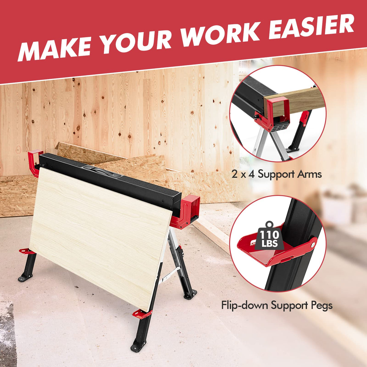 IRONMAX Folding Saw Horses 2 Pack, Height Adjustable Sawhorse 2600 Lbs Capacity w/ Flip-down Support Pegs & 2x4 Support Arms, Easy Carry Sawhorses IRONMAX