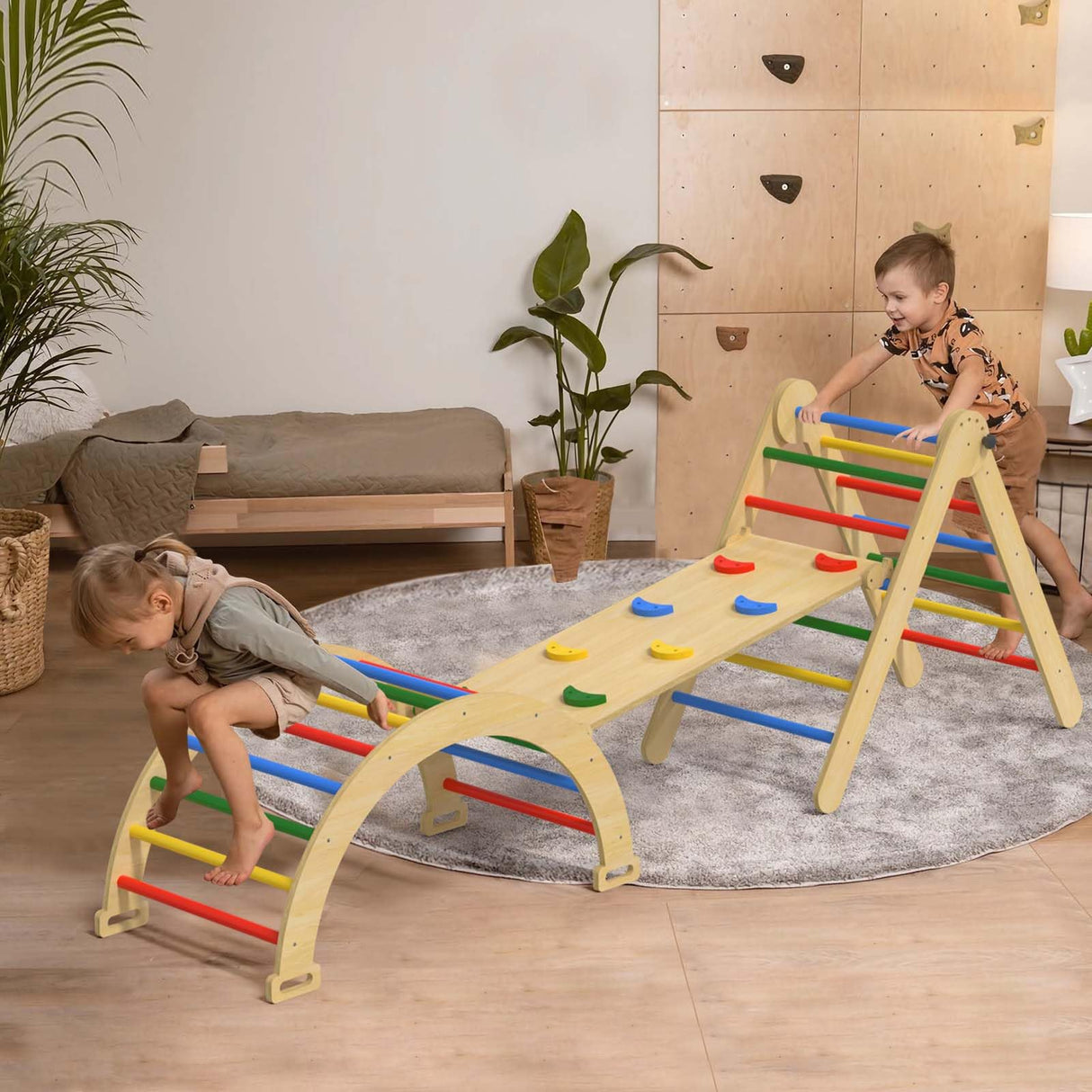 5 in 1 Pikler Triangle Set, Wooden Montessori Climbing Toys, Toddler Indoor Playground, Foldable Baby Climbing Toys, Kids Jungle Gym with Ramp, Arche Wanmwill