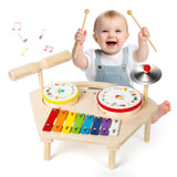 Hilifexll Kids Drum Set for Toddlers 1-3, Baby Preschool Musical Toys 7 in 1 Montessori Instruments Set Wooden Music Toy Baby Drum Kit Xylophone Hilifexll