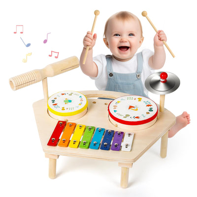 Hilifexll Kids Drum Set for Toddlers 1-3, Baby Preschool Musical Toys 7 in 1 Montessori Instruments Set Wooden Music Toy Baby Drum Kit Xylophone