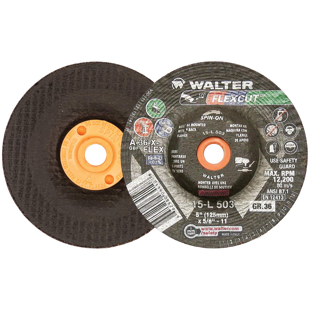 Walter 15L503 5x5/8-11 Flexcut Spin-On Grinding Wheels Contaminant Free Type 29S Grit 36, 25 Pack Walter Surface Technologies