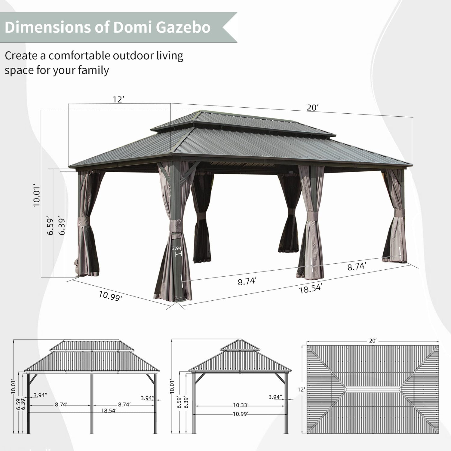 Domi 12’ x 20’ Hardtop Gazebo Canopy Outdoor Aluminum Gazebo, Galvanized Steel Double Roof with Curtains and Netting for Deck, Backyard, Patio, domi outdoor living