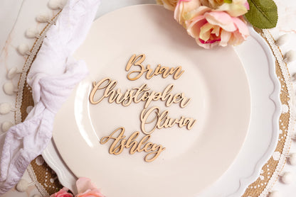 Customized Wooden Name Tags for Place Setting, Personalized Place Cards for Weddings, Bridal Showers and Events, Cursive Laser Cut Seating Cards (Raw