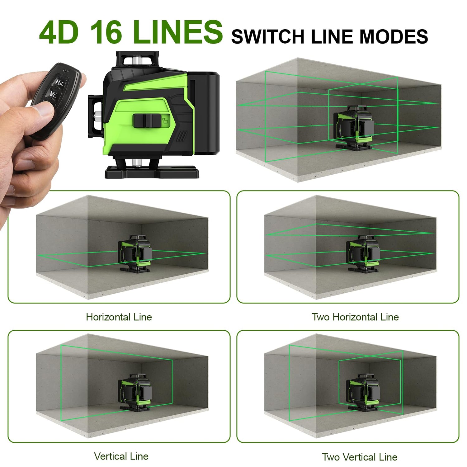 16 Lines Laser Level Self Leveling, 4x360°Professional 4D Green Cross Line laser Level for Construction and Picture Hanging with 2 Batteries, ENRIPRT