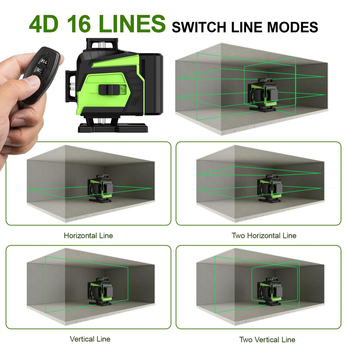 16 Lines Laser Level Self Leveling, 4x360°Professional 4D Green Cross Line laser Level for Construction and Picture Hanging with 2 Batteries, - WoodArtSupply