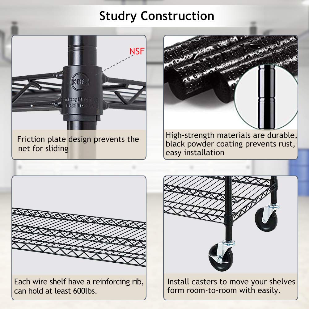 6 Tier Adjustable Wire Shelving Unit w/Casters, NSF Commercial Metal Storage Garage Shelves, 4800 LBS Capacity, Heavy Duty Standing Rack for