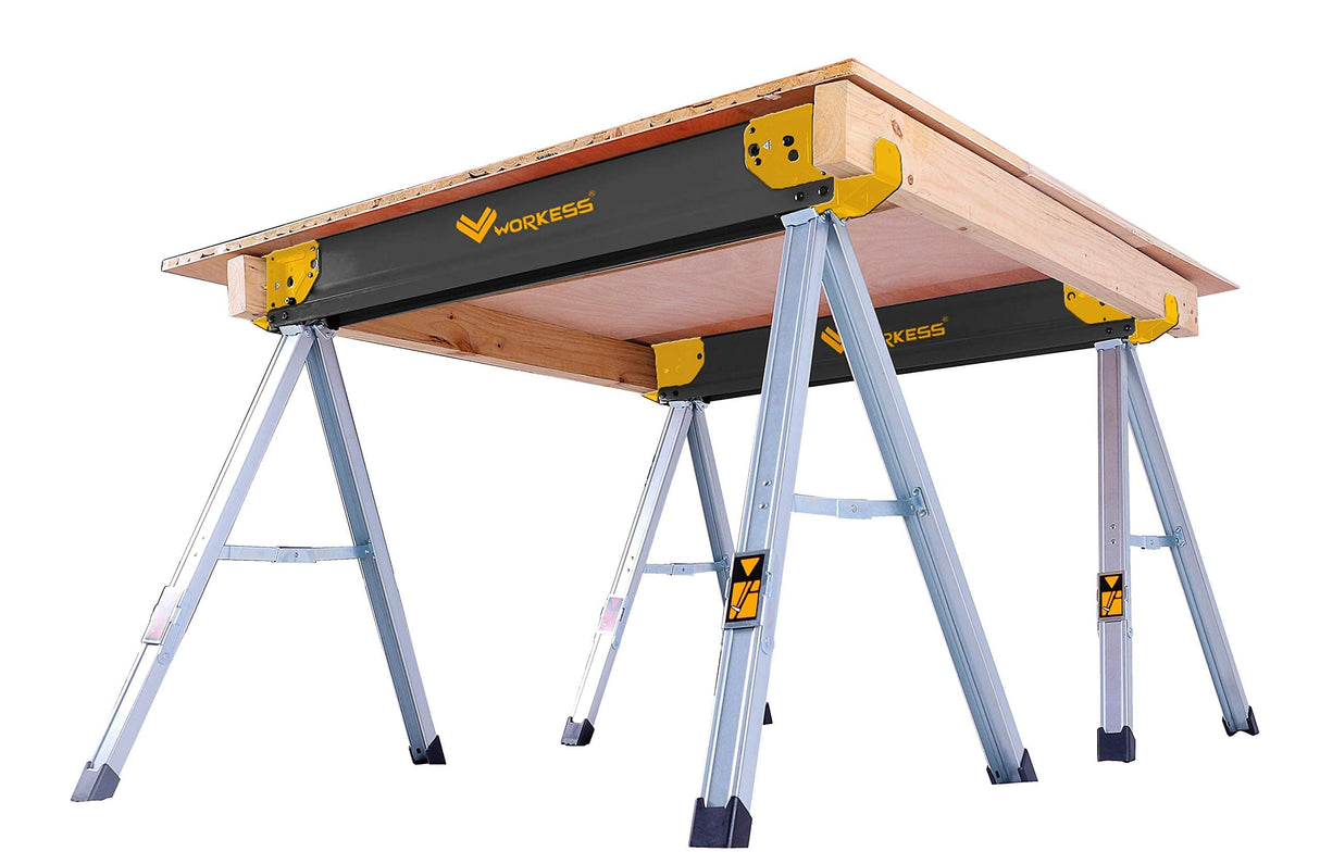 WORKESS Saw Horses 2 Pack Folding, Heavy Duty Sawhorse Table 2600 Lbs Load Capacity with 2x4 Support Legs, Portable Folding and Fast Open Legs and WORKESS