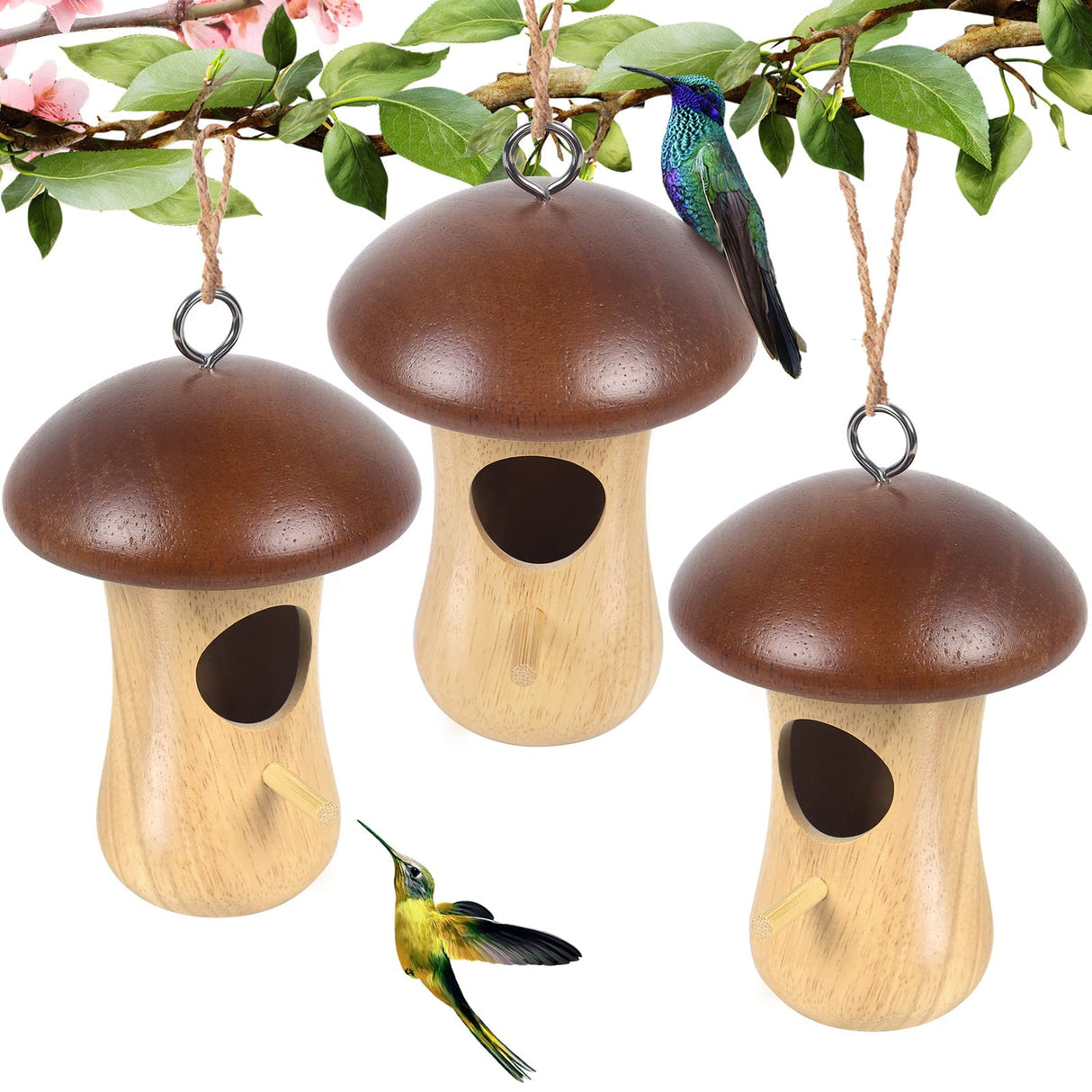 Hummingbird House,2023 New Mushroom Wooden Hummingbird Houses for Outside for Nesting, Gardening Gifts,Home Garden Decoration,3 Pack LOTKEY