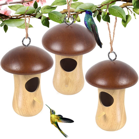 Hummingbird House,2023 New Mushroom Wooden Hummingbird Houses for Outside for Nesting, Gardening Gifts,Home Garden Decoration,3 Pack LOTKEY