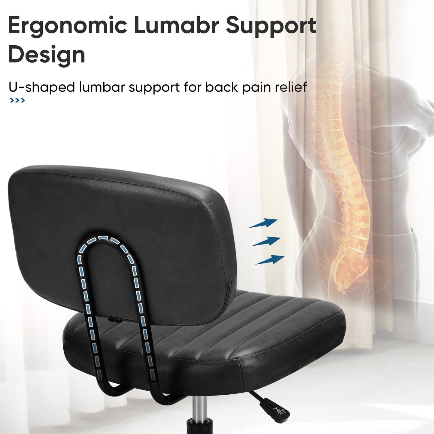 DUMOS Armless Home Office Chair Ergonomic Desk with Comfy Low Back Lumbar Support, Height Adjustable PU Leather Computer Task with 360° Swivel - WoodArtSupply