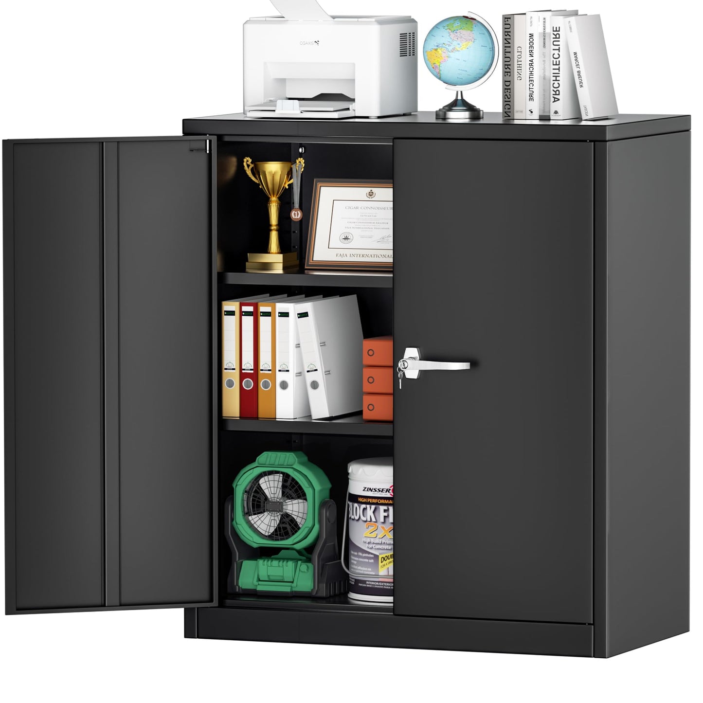 INTERGREAT Steel Storage Cabinet with Lock, Lockable Metal Storage Cabinets with 2 Adjustable Shelves, Black Counter Height Garage Cabinet