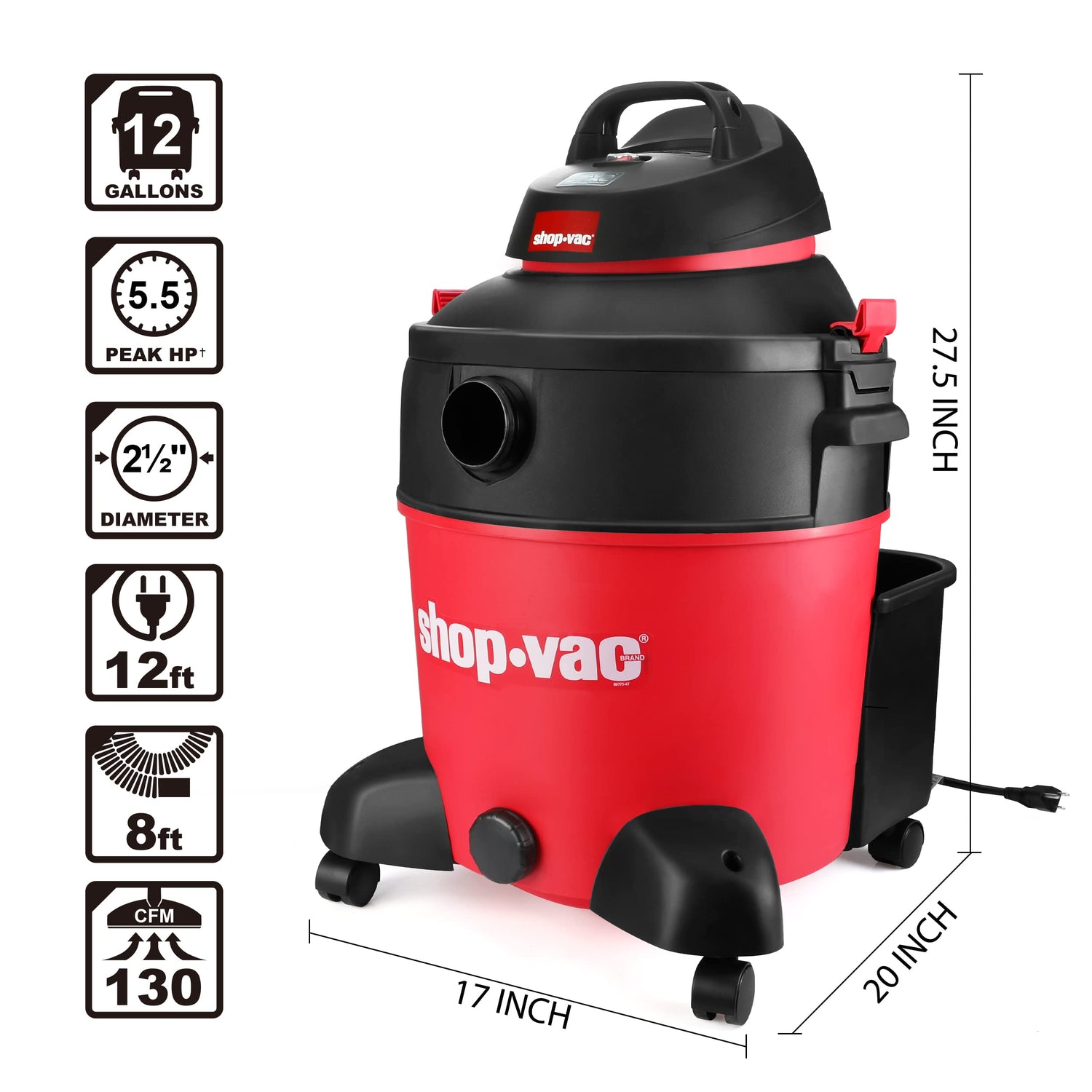 Shop-Vac 12 Gallon 5.5 Peak HP Wet/Dry Vacuum, SVX2 Motor Technology, 3 in 1 Function Portable Shop Vacuum with Cart, Attachments, Drain Port. Shop-Vac