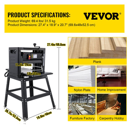 VEVOR Thickness Planer 13-Inch Benchtop Planer 2000W Wood Planer 8000 rpm Woodworking Planer 15 AMP Wood Planer Foldable 6m/min Planing Speed with - WoodArtSupply