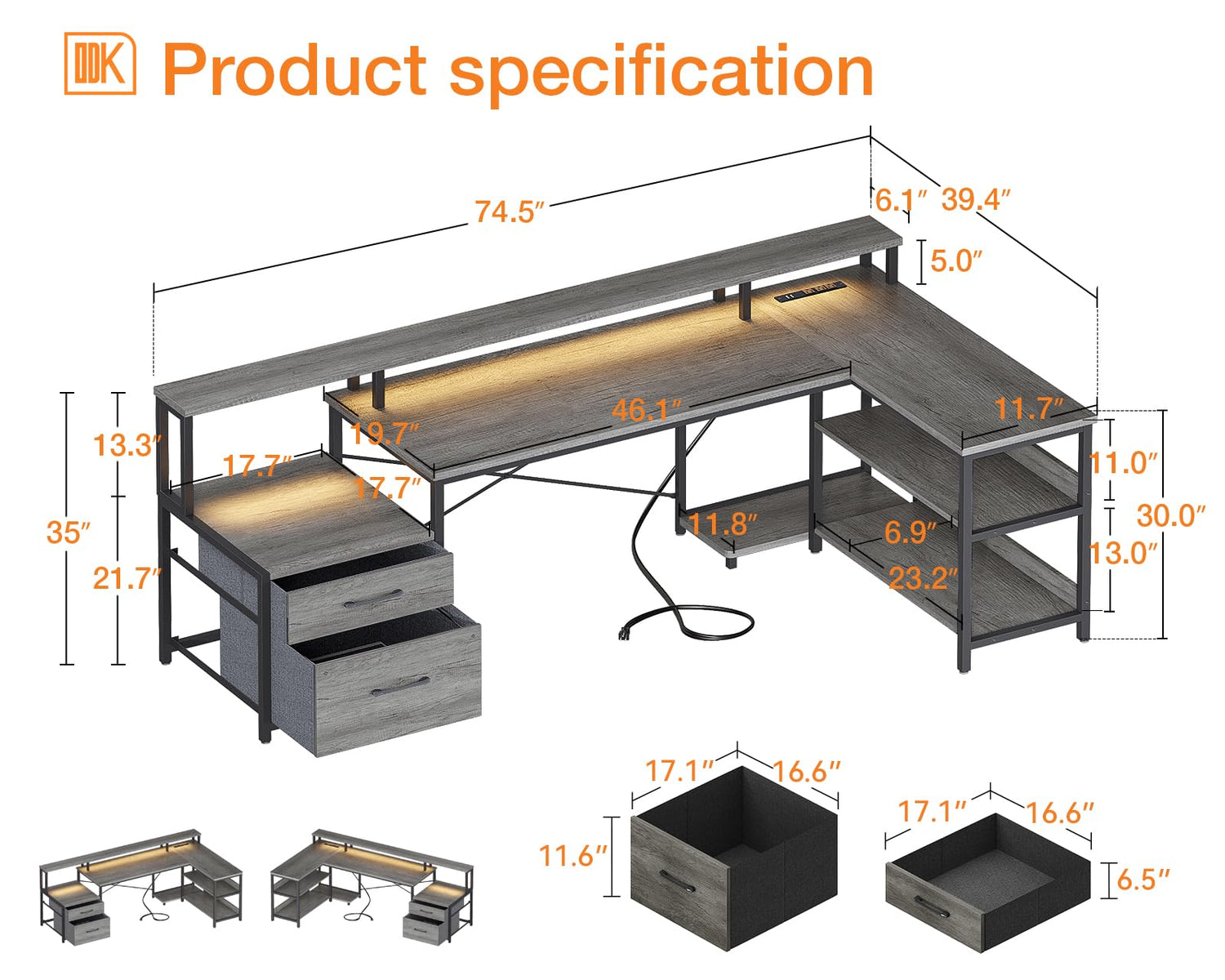 ODK 75" Reversible L Shaped Desk with LED Lighting, Power Outlet & Ample Storage ODK