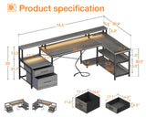 ODK 75" Reversible L Shaped Desk with LED Lighting, Power Outlet & Ample Storage ODK