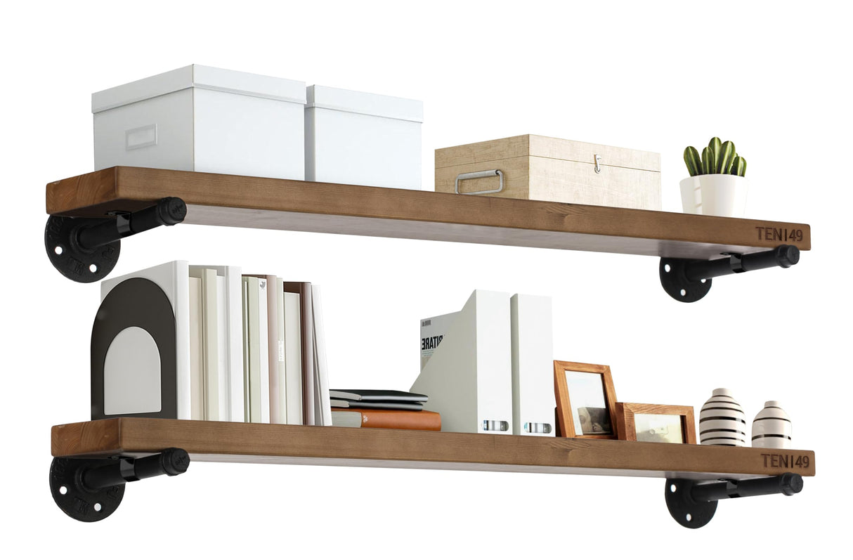 TEN49 Espresso Industrial Pipe Floating Wood Shelf - 36" Rustic Decor TEN49