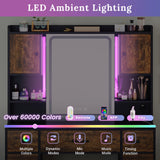 Tiptiper Makeup Vanity with Lights & Charging Station, Vanity Table with Time Display Mirror, Ambient Light, Storage Cabinets, Rustic Brown and Black Tiptiper