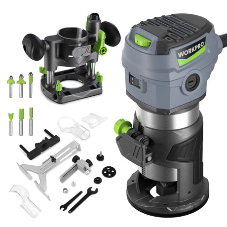 WORKPRO Compact Router Combo Kit, 6.5 Amp Compact Router Fixed Base & Plunge Router for Woodworking Slotting Trimming, 6 Variable Speeds to 32000 RPM WORKPRO
