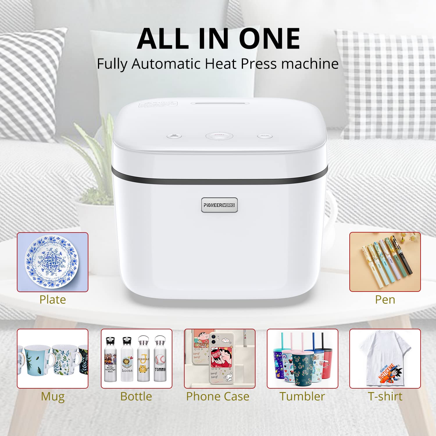 Heat Press Machine All in One, Automatic 3D Vacuum Sublimation Heat Press Transfer 800W with Digital Controller, No Shape Limit for Bottle, T-Shirt, PioneerWorks