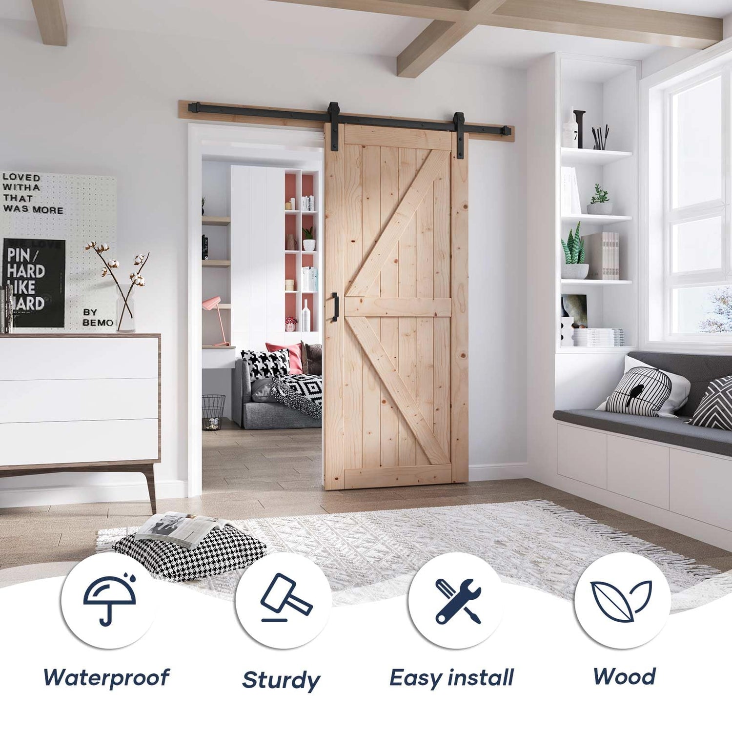 FREDBECK 36in x 84in Wood Barn Door with 6.6FT Barn Door Hardware Kit Included K Shape Solid Spruce Wood Panel Need to Assembly FREDBECK