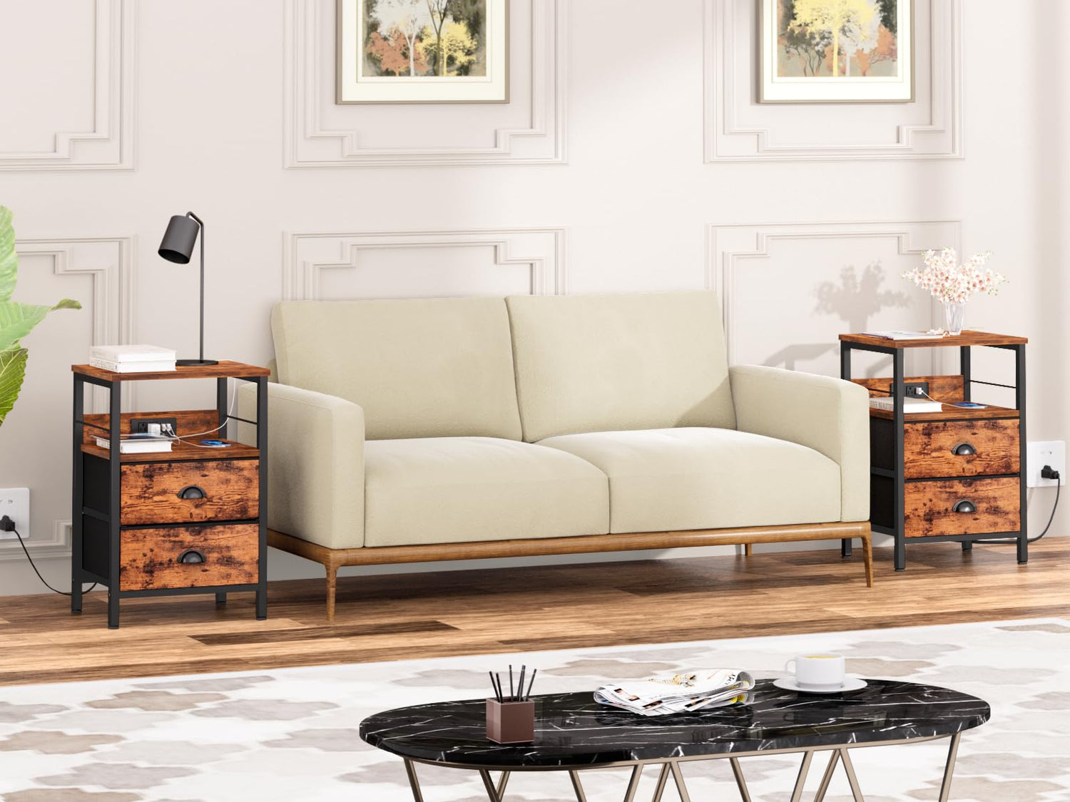 Furologee Nightstand Set of 2, Rustic Brown, with Charging Station and USB Ports, Side Tables with 2 Fabric Drawers, Bedside Tables with Storage Furologee