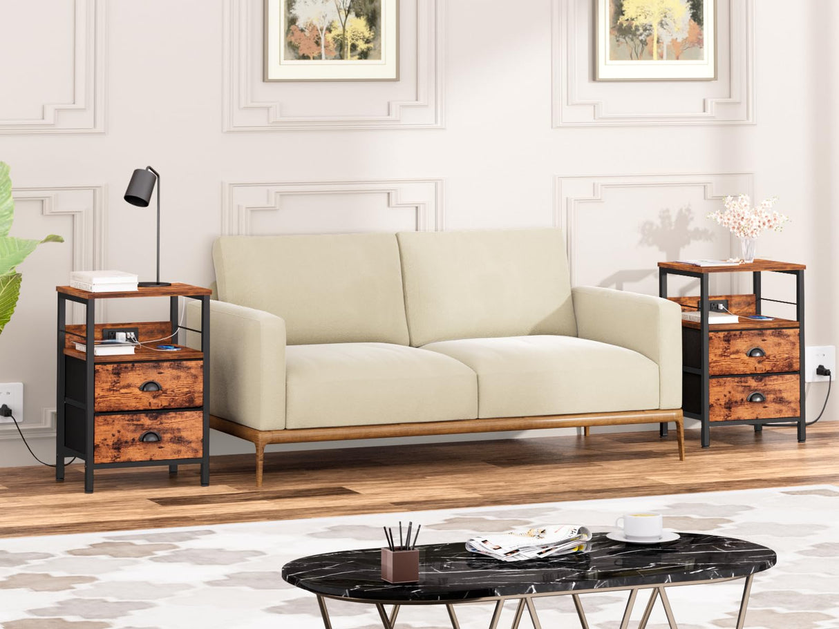 Furologee Nightstand Set of 2, Rustic Brown, with Charging Station and USB Ports, Side Tables with 2 Fabric Drawers, Bedside Tables with Storage Furologee