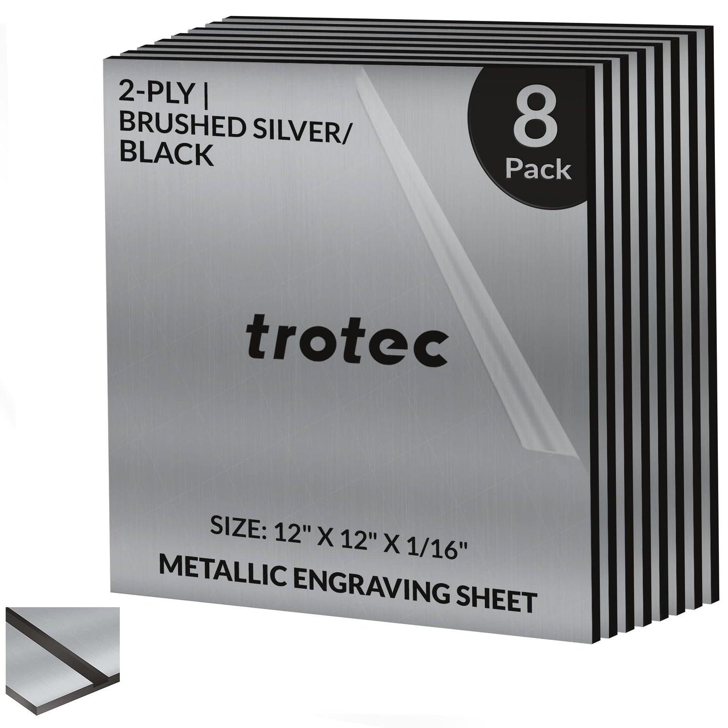Trotec | Metallic Looking Acrylic Sheet | 8 Pcs | Brushed Silver/Black | 12"x12"x1/16" | Metallic Finish - Scratch Resistant for Laser Engraving & TROTEC