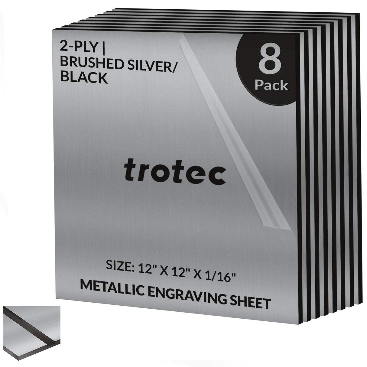 Trotec | Metallic Looking Acrylic Sheet | 8 Pcs | Brushed Silver/Black | 12"x12"x1/16" | Metallic Finish - Scratch Resistant for Laser Engraving & TROTEC
