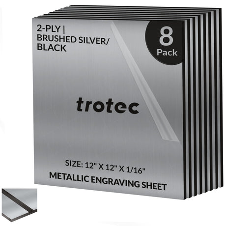 Trotec | Metallic Looking Acrylic Sheet | 8 Pcs | Brushed Silver/Black | 12"x12"x1/16" | Metallic Finish - Scratch Resistant for Laser Engraving & TROTEC