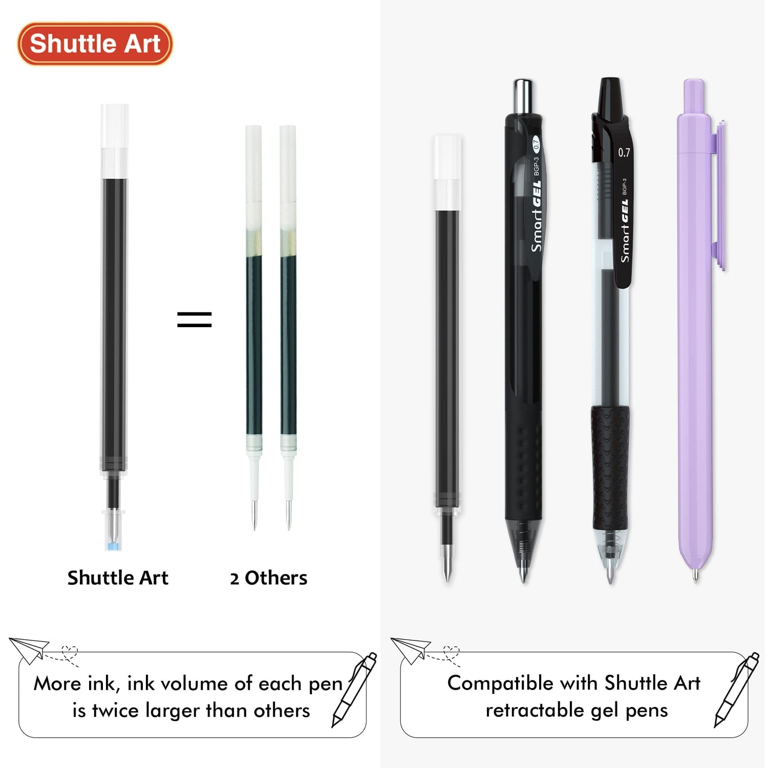 Shuttle Art School & Work Supplies Bundle, 15 Pack Pastel Gel Ink Pens in black ink, 0.5mm Tip + 30 Pack Black Retractable Gel Pen Refills 0.7mm Shuttle Art