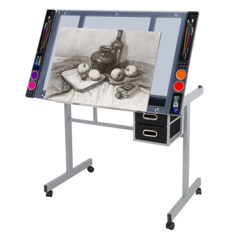 ZENY Drafting Table, 41.2''W x 24''D Glass Top Adjustable Craft Table Drawng Desk Artist Hobby Table Writing Desk with Wheels ZENY