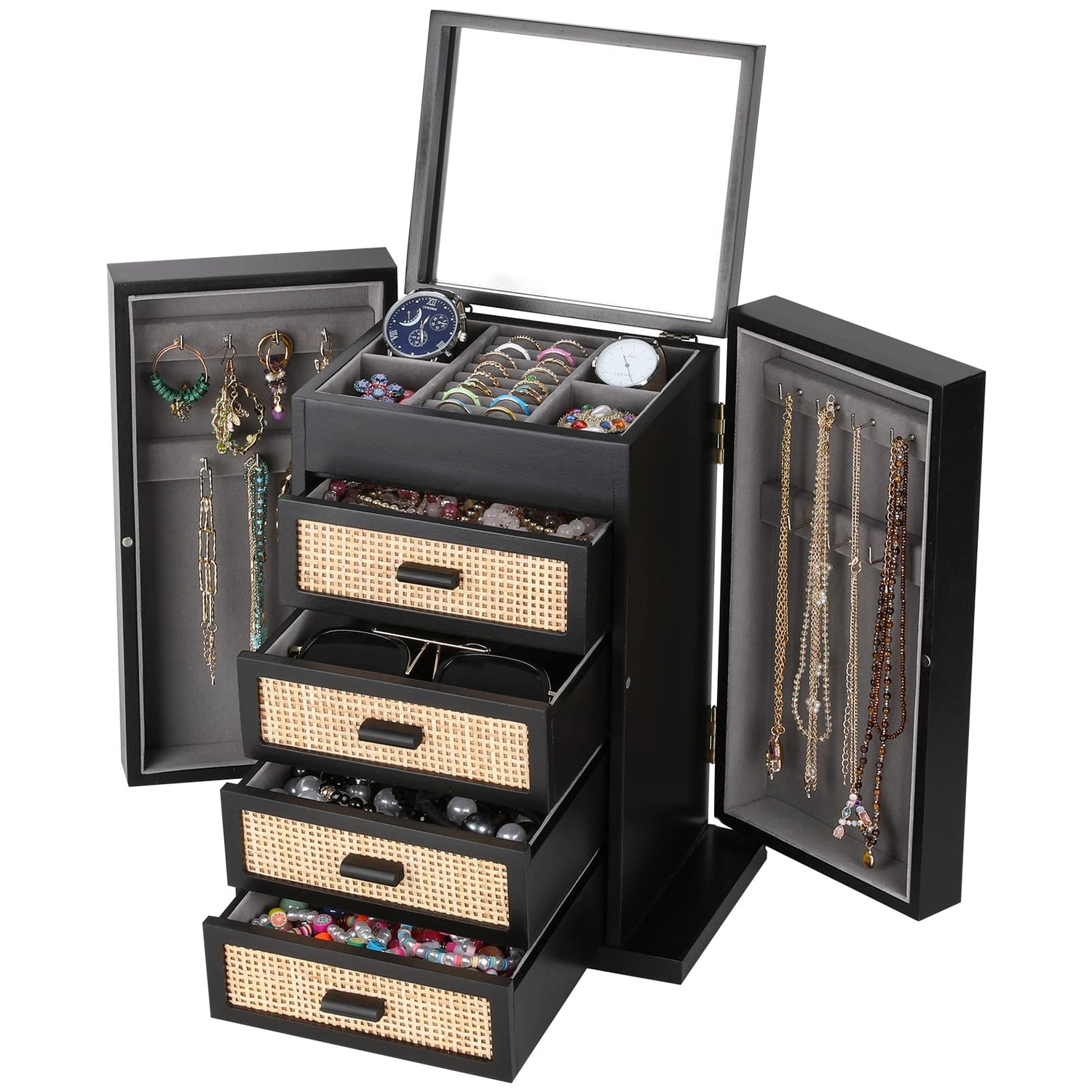 Jewelry Organizer, Rattan Jewelry Box, 5 Layer Wooden Jewelry Organizer Box with Mirror, Jewelry Boxes with 4 Drawers for Women Men, Black Jewelry Miss Rabbit