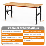 Betterhood Adjustable Height Workbench, 60" Rubber Wood Top Heavy Duty Workstation with Power Outlets, 2000 LBS Load Capacity Hardwood Worktable for Betterhood