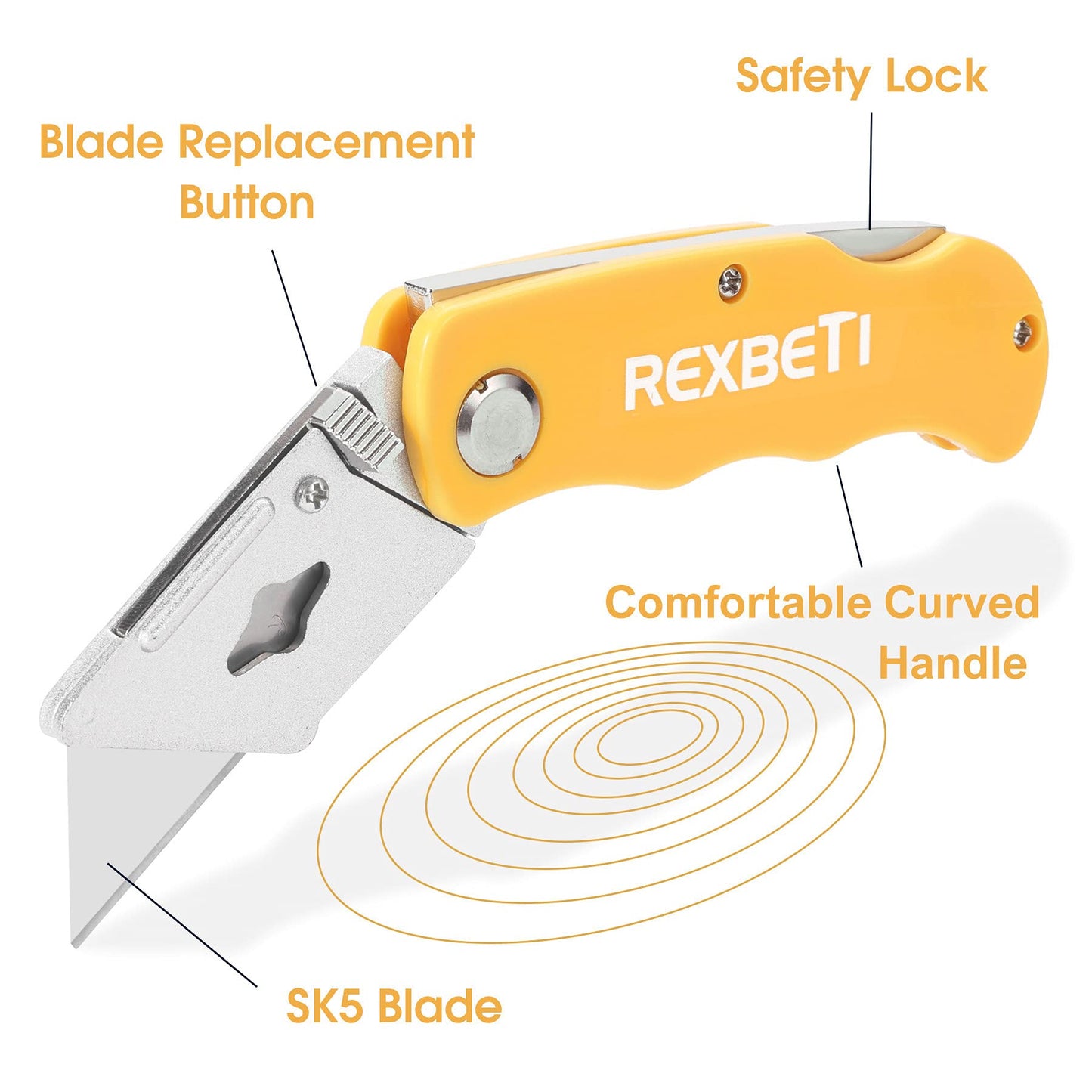 REXBETI 4-Pack Folding Utility Knife Quick-change SK5 Box Cutter for Cartons, Cardboard and Boxes, Back-lock Mechanism with 10 Extra Blades