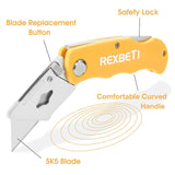 REXBETI 4-Pack Folding Utility Knife Quick-change SK5 Box Cutter for Cartons, Cardboard and Boxes, Back-lock Mechanism with 10 Extra Blades REXBETI