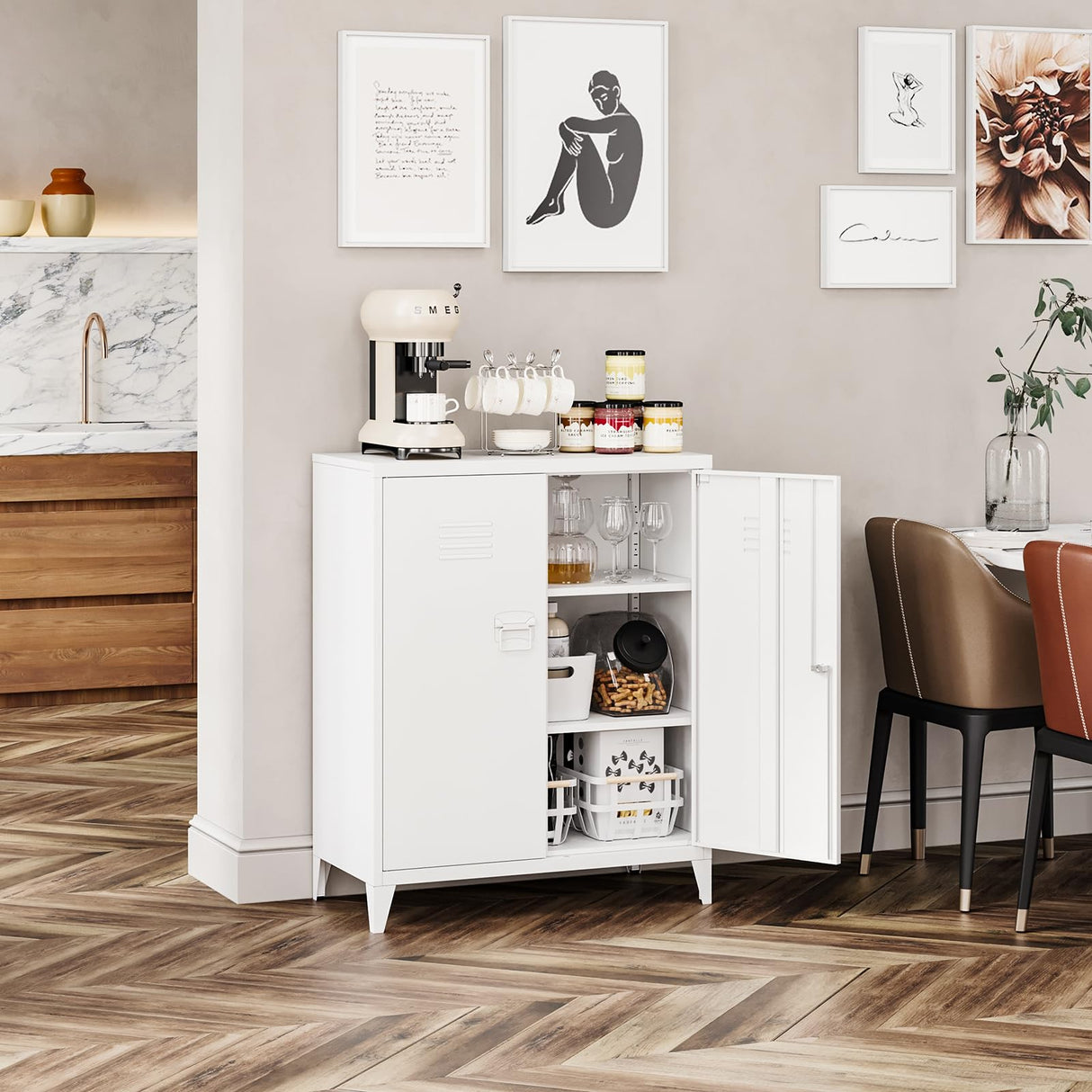 MIIIKO Metal Locker with 2 Doors, White Storage Sideboard Accent Cabinets for Kitchen, Pantry, Home Office and Bedroom MIIIKO