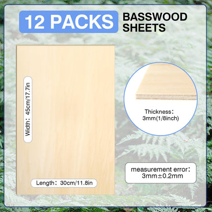 12 Pack Basswood Sheets for Crafts 12x18x1/8 Inch, 3mm Thick Unfinished Plywood for Laser Cutting & Engraving, DIY Ornaments and Architectural Model - WoodArtSupply