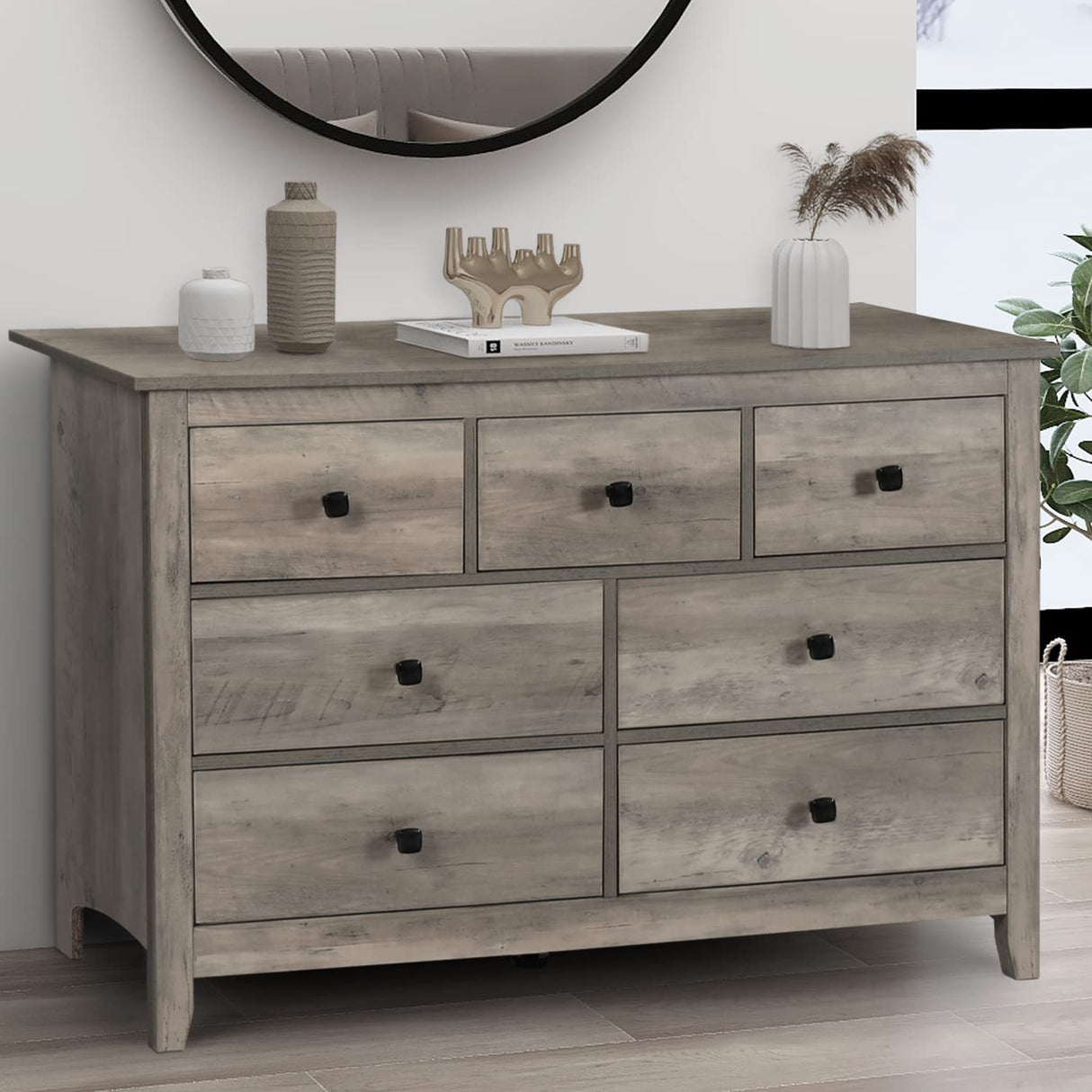 Vikiullf 7 Drawer Dresser - Wooden Bedroom Dresser, Gray Storage Drawers Cabinet for Bedroom, Living Room, Farmhouse Dresser Organizer Vikiullf