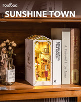 Rowood Book Nook Kits for Adults Bookshelf Insert Decor Alley 3D Wooden Puzzle Bookend DIY Craft Kits for Adults with LED Light - Sunshine Town RoWood
