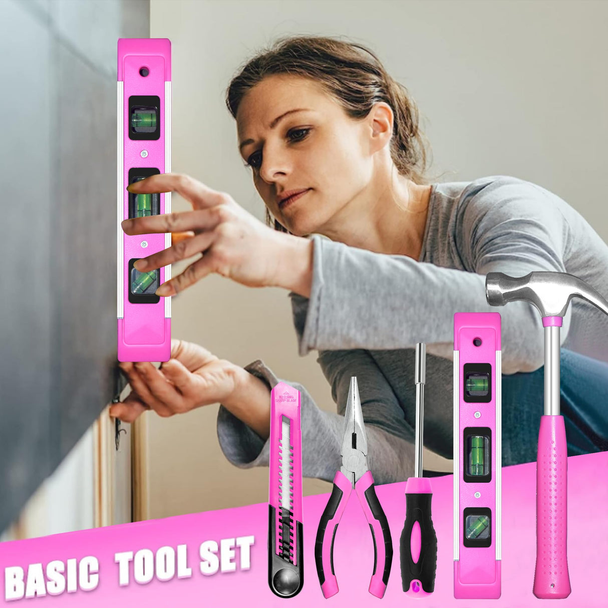 SOLUDE Pink Tool Set,130 Piece Women's Tool Kit for Home with 3.6V Cordless Rechargeable Screwdriver,Household Basic Toolkits for New SOLUDE